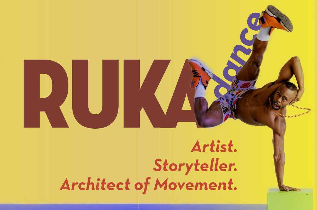 An image of Ruka White doing a very athletic handstand on one hand. The text over the image reads, Ruka dance: Artist. Storyteller. Architect of Movement.